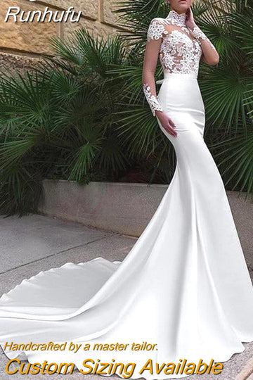 Runhufu High Neck Long Sleeve Mermaid Wedding Dress Satin 2023 Lace Appliques Bridal Gown With Bow Gorgeous Train Button Back